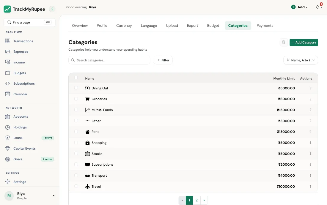The Categories list