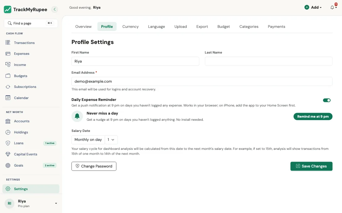 The Salary Date setting in Profile Settings