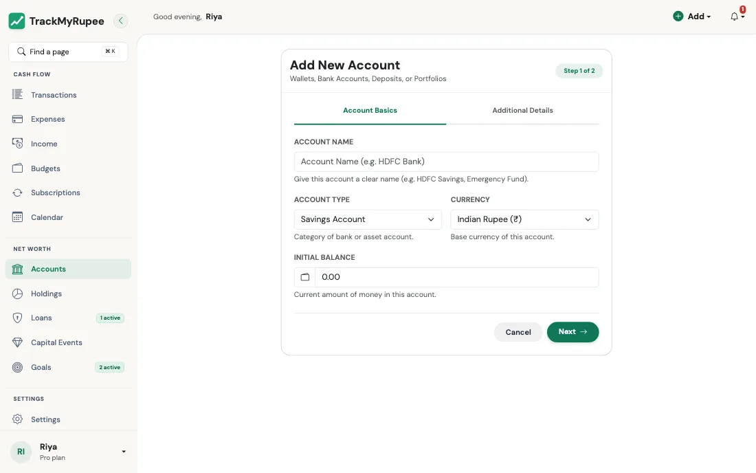 The Add New Account form