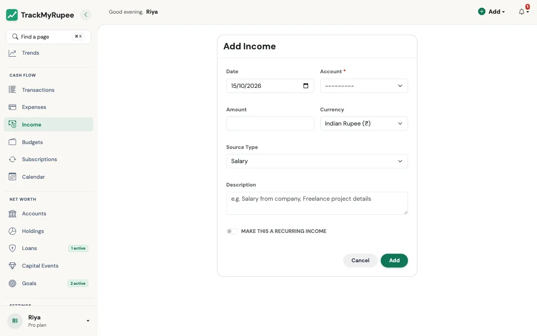 The Add Income form