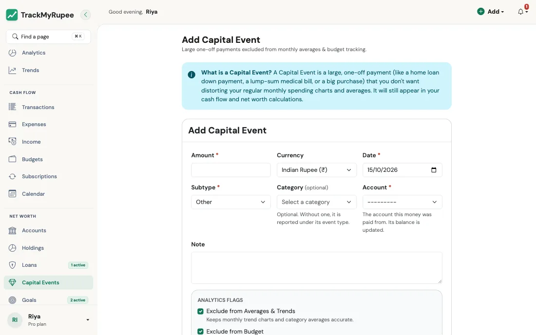 The Add Capital Event form