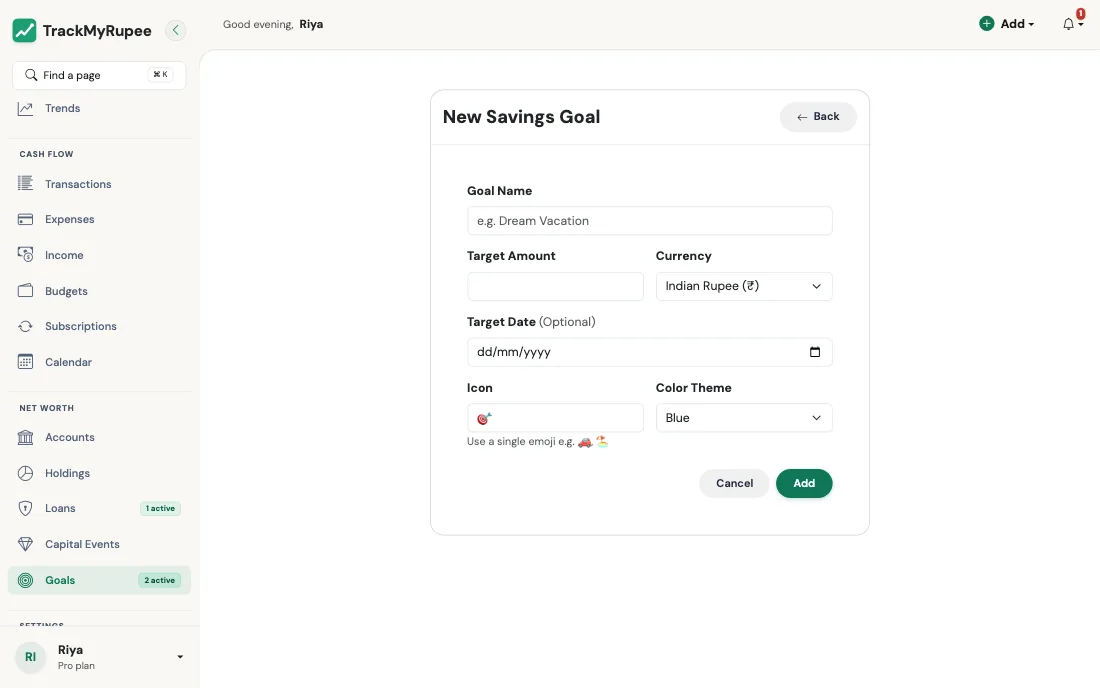 The New Savings Goal form