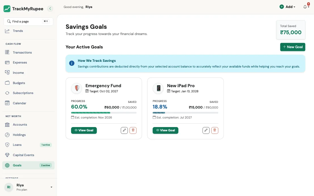 The Savings Goals page