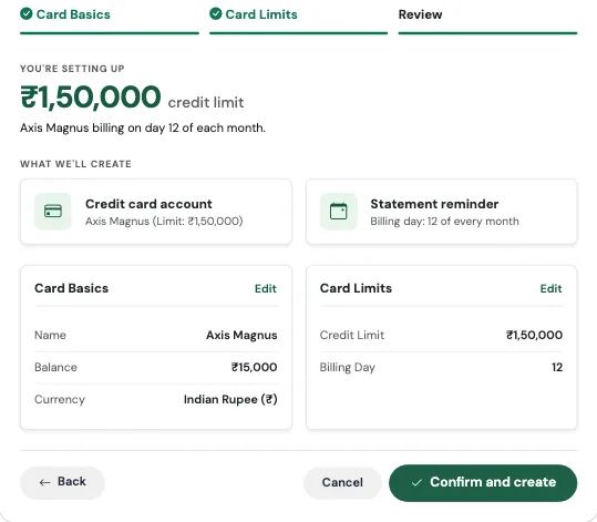 The credit card review screen