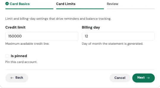 Card Limits step