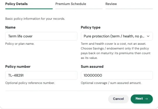 Policy Details step
