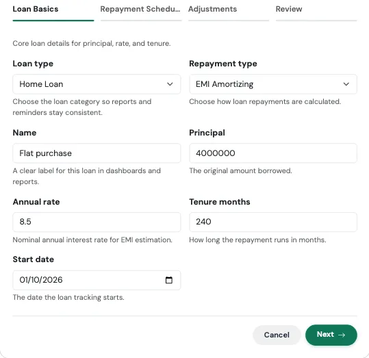 Loan Basics step filled in for a home loan