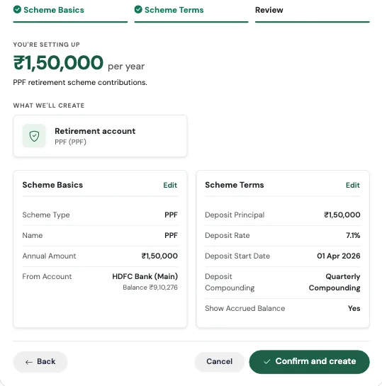 The PPF, EPF and NPS review screen