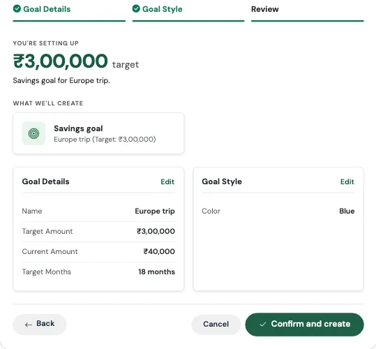 The savings goal review screen